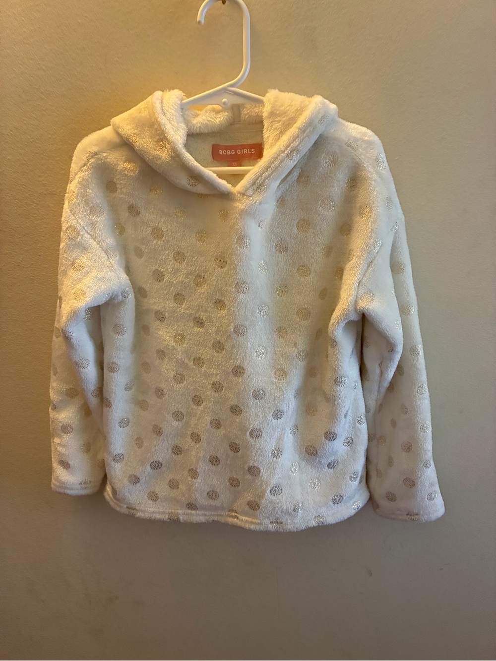 BCBGirls White Plush Hoodie with Metallic Polka Dots